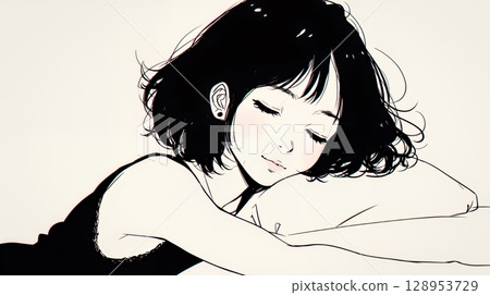 A young woman sleeping with a happy face (simple colors) 128953729