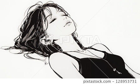 A young woman sleeping with a happy face (simple colors) 128953731
