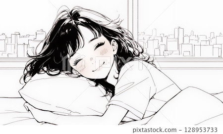 A young woman sleeping with a happy face (simple colors) 128953733