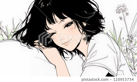 一位年輕女子睡著時露出幸福的表情（簡單的顏色） 128953734