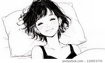 A young woman sleeping with a happy face (simple colors) 128953735