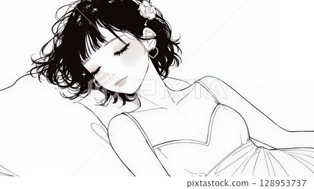 A young woman sleeping with a happy face (simple colors) 128953737