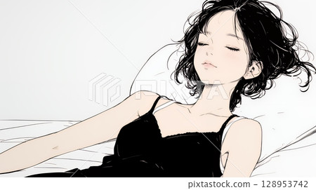 A young woman sleeping with a happy face (simple colors) 128953742