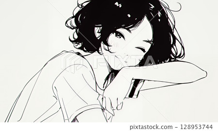 A young woman sleeping with a happy face (simple colors) 128953744
