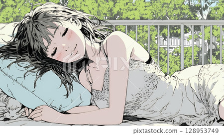A young woman sleeping with a happy face 128953749