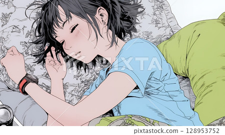 一個年輕女子帶著幸福的睡臉睡覺 128953752