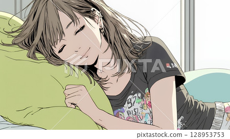 A young woman sleeping with a happy face 128953753