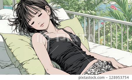 一個年輕女子帶著幸福的睡臉睡覺 128953754