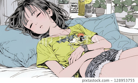 一個年輕女子帶著幸福的睡臉睡覺 128953755