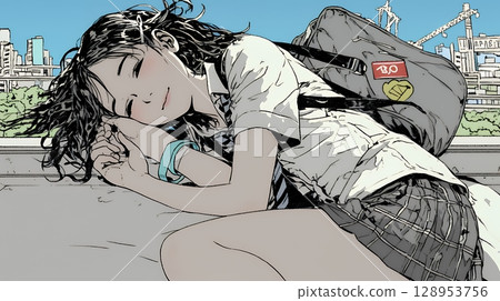 一個年輕女子帶著幸福的睡臉睡覺 128953756