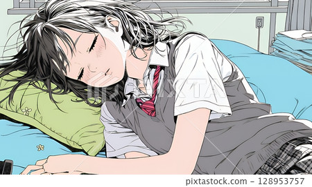 一個年輕女子帶著幸福的睡臉睡覺 一個年輕女子帶著幸福的睡臉睡覺 128953757