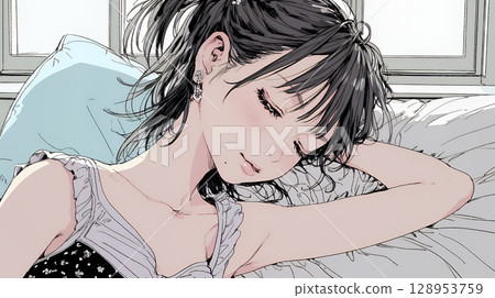 一個年輕女子帶著幸福的睡臉睡覺 128953759