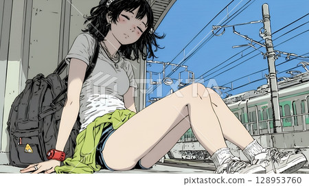 A young woman sleeping with a happy face 128953760