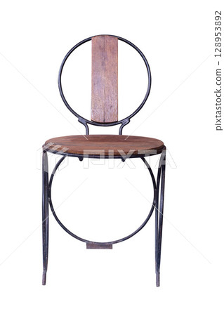 Steel chair with flat wooden seat simplistic isolated on white background 128953892