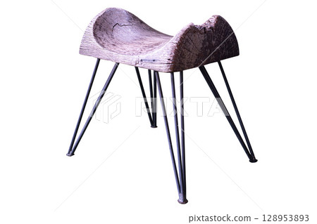 Wooden bench Steel leg in isolated White Background 128953893