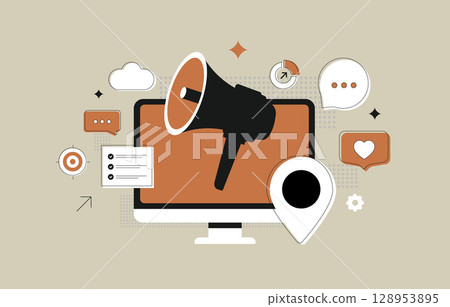 Digital marketing strategy with megaphone, audience targeting, content promotion and online advertising. Digital marketing strategy - social media campaign elements on screen. Vector illustration 128953895