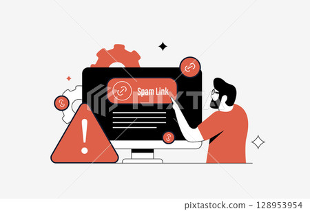 Spam link alert with broken chain, phishing link warning. SEO danger from spam link tactics and spammy links, harmful backlink strategy and low-quality backlinks. Modern vector illustration Spam link alert with broken chain, phishing link warning. SEO danger from spam link tactics and spammy links, harmful backlink strategy and low-quality backlinks. Modern vector illustration 128953954