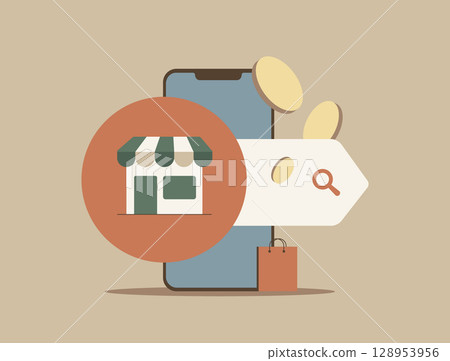 Marketplace app with clean interface, seller dashboard, product listings, reviews, advanced filters and mobile compatibility for online sales. Marketplace app design vector illustration with icons 128953956