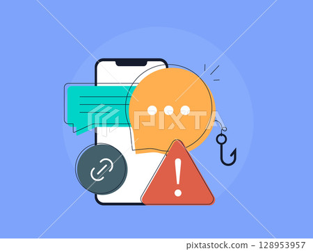 Smishing alert icon in group chat with fake SMS or messenger links. Warning about phishing link risks and spam link in chat groups. Smishing attack scenarios in mobile messaging vector illustration 128953957
