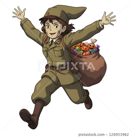 A cute child in a anime-style cartoon Halloween costume, happy for Halloween. White background. 128953962