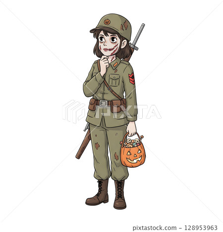 A cute child in a anime-style cartoon Halloween costume, happy for Halloween. White background. 128953963