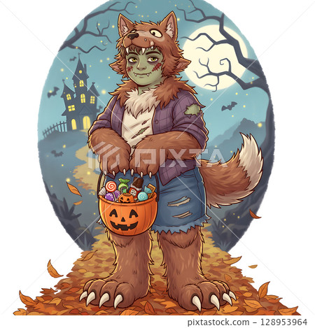 A cute child in a anime-style cartoon Halloween costume, happy for Halloween. White background. 128953964