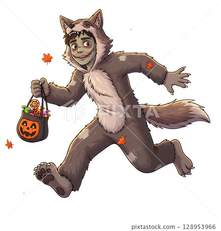 A cute child in a anime-style cartoon Halloween costume, happy for Halloween. White background. 128953966