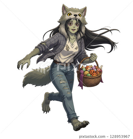 A cute child in a anime-style cartoon Halloween costume, happy for Halloween. White background. 128953967