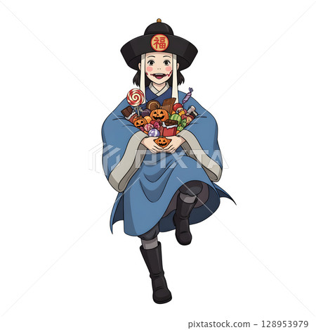 A cute child in a anime-style cartoon Halloween costume, happy for Halloween. White background. 128953979