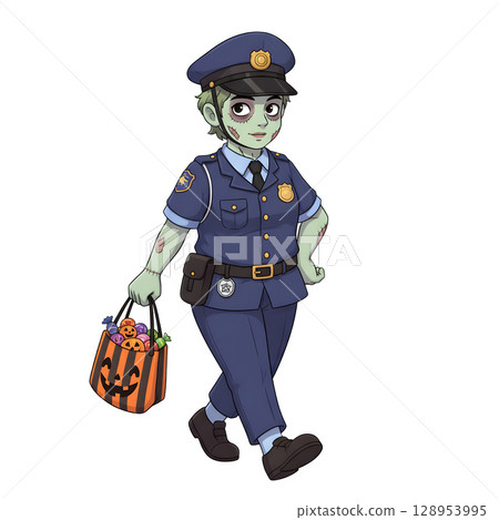 A cute child in a anime-style cartoon Halloween costume, happy for Halloween. White background. 128953995