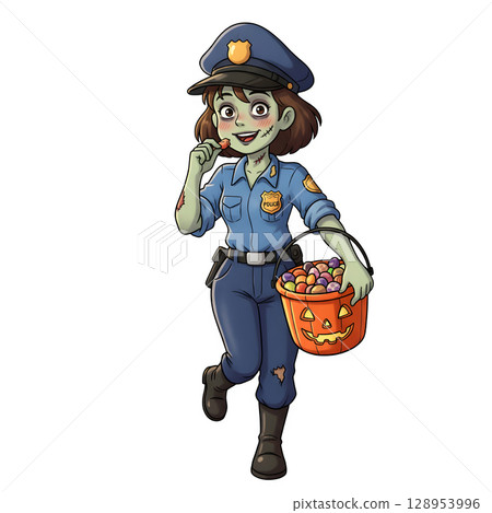 A cute child in a anime-style cartoon Halloween costume, happy for Halloween. White background. 128953996