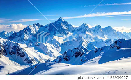 冬季風景插畫,藍天和雄偉的雪山 冬季風景插畫,藍天和雄偉的雪山 128954007