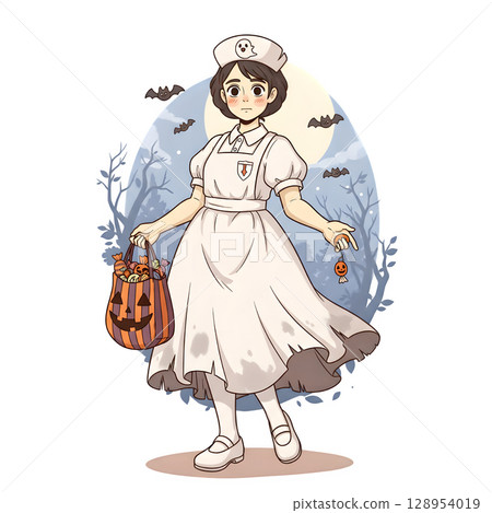 A cute child in a anime-style cartoon Halloween costume, happy for Halloween. White background. 128954019