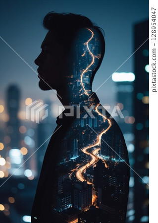 日落之城 - 凝視城市的男人剪影 - 透明的城市和高速公路 - AI 影像 128954047