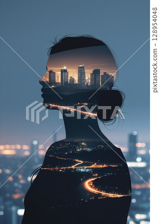 日落之城 - 凝視城市的女人剪影 - 透明的城市和高速公路 - AI 影像 日落之城 - 凝視城市的女人剪影 - 透明的城市和高速公路 - AI 影像 128954048