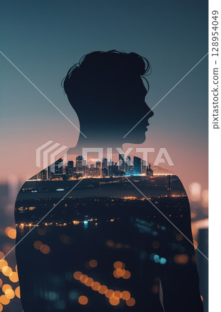 日落之城 - 凝視城市的男人剪影 - 透明的城市和高速公路 - AI 影像 128954049