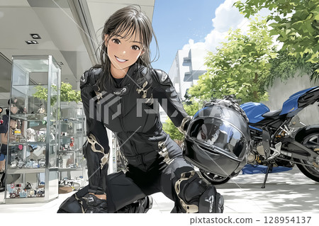 Illustration material of a smiling motorcycle girl who came to a riders cafe for the first time 128954137