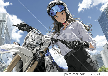 一位女性騎士騎越野自行車通勤的插圖素材 128954138