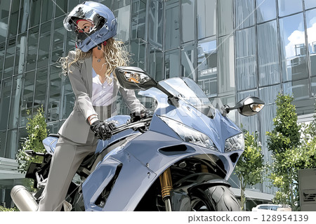 Illustration material of a female rider commuting by sports bike 128954139