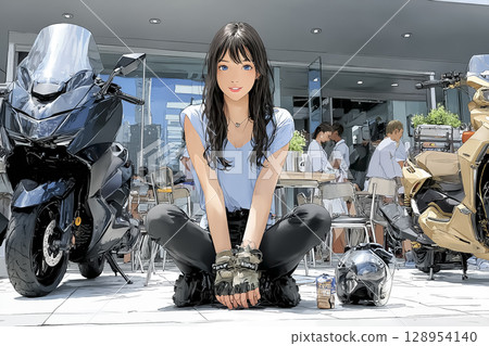 Riders Cafe - Illustration of a female rider taking a break while looking at her bike 128954140