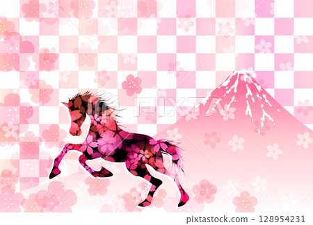 馬新年賀卡櫻花背景 馬新年賀卡櫻花背景 128954231