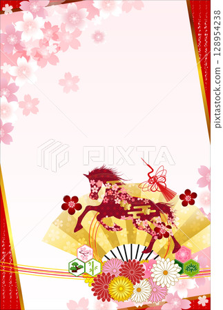 Horse New Year's card cherry blossom background 128954238