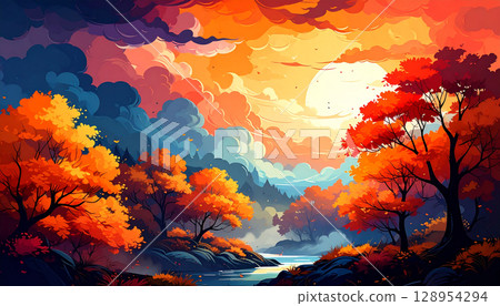 Autumn Generation AI Watercolor Landscape 128954294