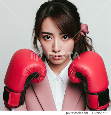 Confident Young Woman in Boxing Gloves Ready for Action with Generative AI. 128954438