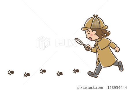 A girl dressed as a detective following footprints with a magnifying glass A girl dressed as a detective following footprints with a magnifying glass 128954444