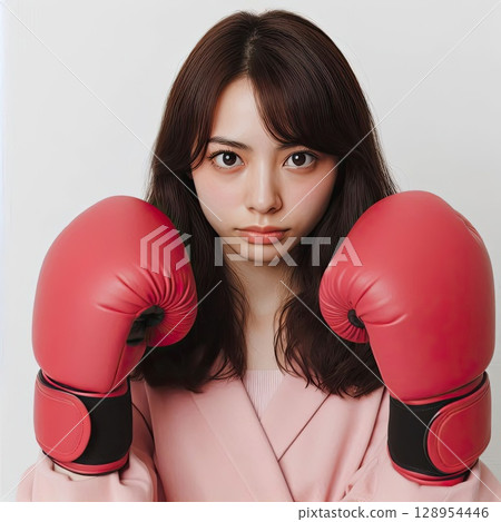 Confident Young Woman in Boxing Gloves Ready for Action with Generative AI. Confident Young Woman in Boxing Gloves Ready for Action with Generative AI. 128954446