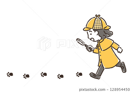 一個打扮成偵探的女孩用放大鏡追蹤腳印 128954450