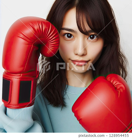 Confident Young Woman in Boxing Gloves Ready for Action with Generative AI. 128954455