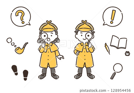 一個女孩和一個男孩扮成偵探，透過放大鏡觀察 128954456