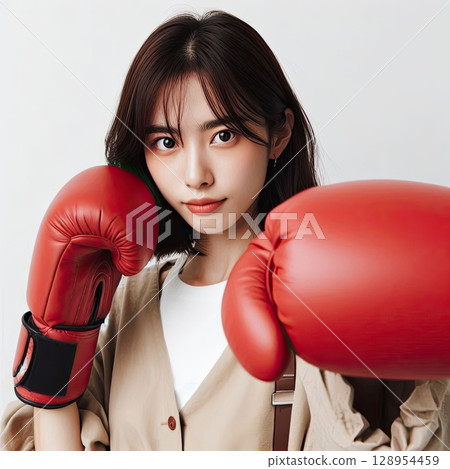 Confident Young Woman in Boxing Gloves Ready for Action with Generative AI. 128954459